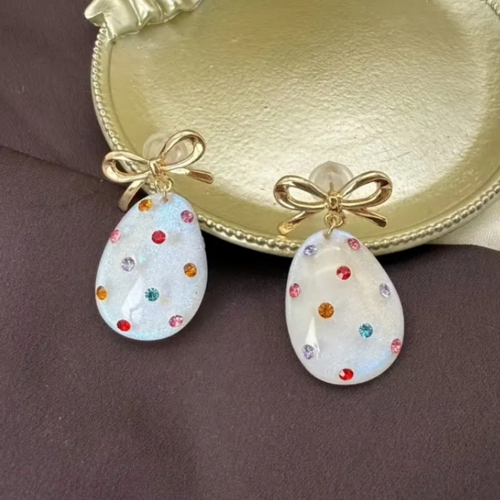 🆕️ Easter Shimmery Gold Bow and Gemstone Egg Earrings Large  NWOT - Picture 5 of 8